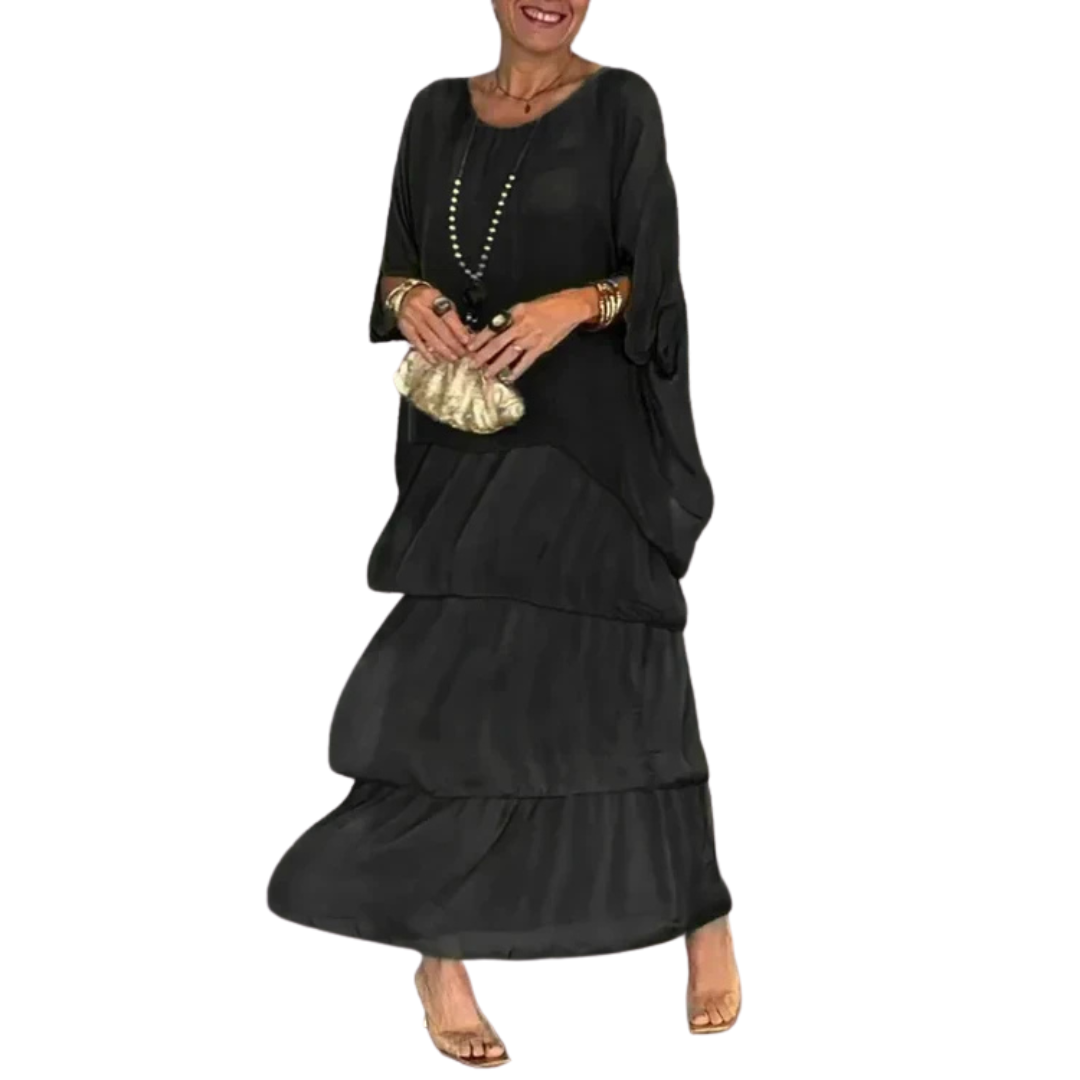 Damen-Maxikleid mit Stufen und Rundhalsausschnitt
