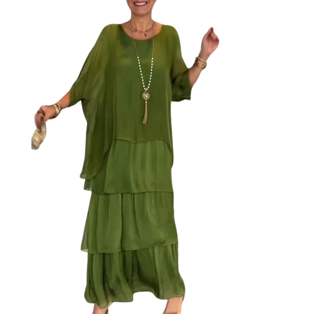 Damen-Maxikleid mit Stufen und Rundhalsausschnitt