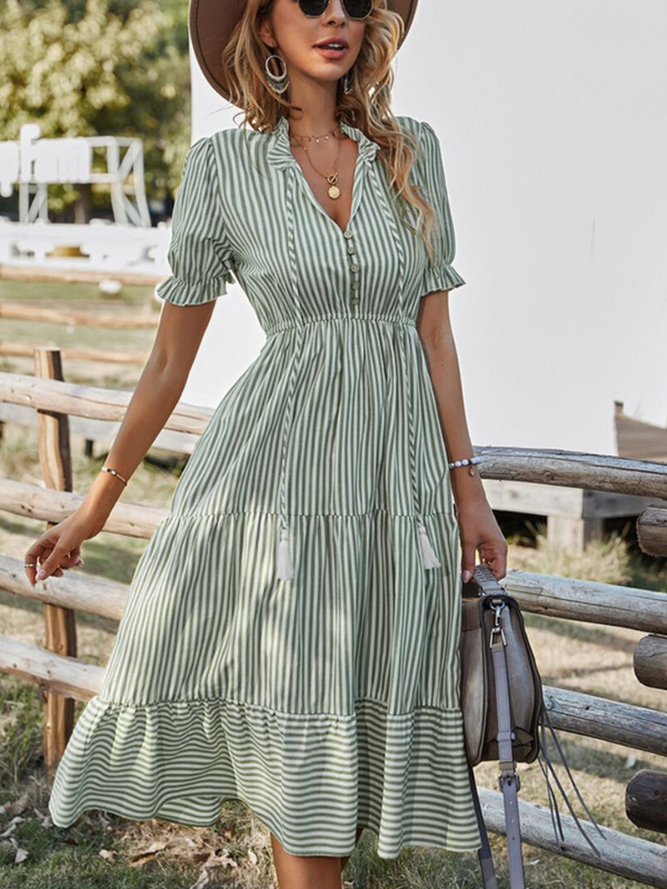 Damen gestreiftes Midikleid mit V-Ausschnitt und Quasten