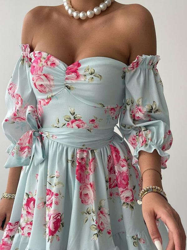 Damen Kleid Mit Blumenmuster Und Kurzen Puffärmeln