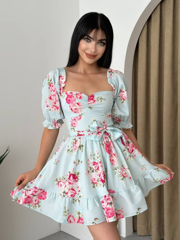 Damen Kleid Mit Blumenmuster Und Kurzen Puffärmeln