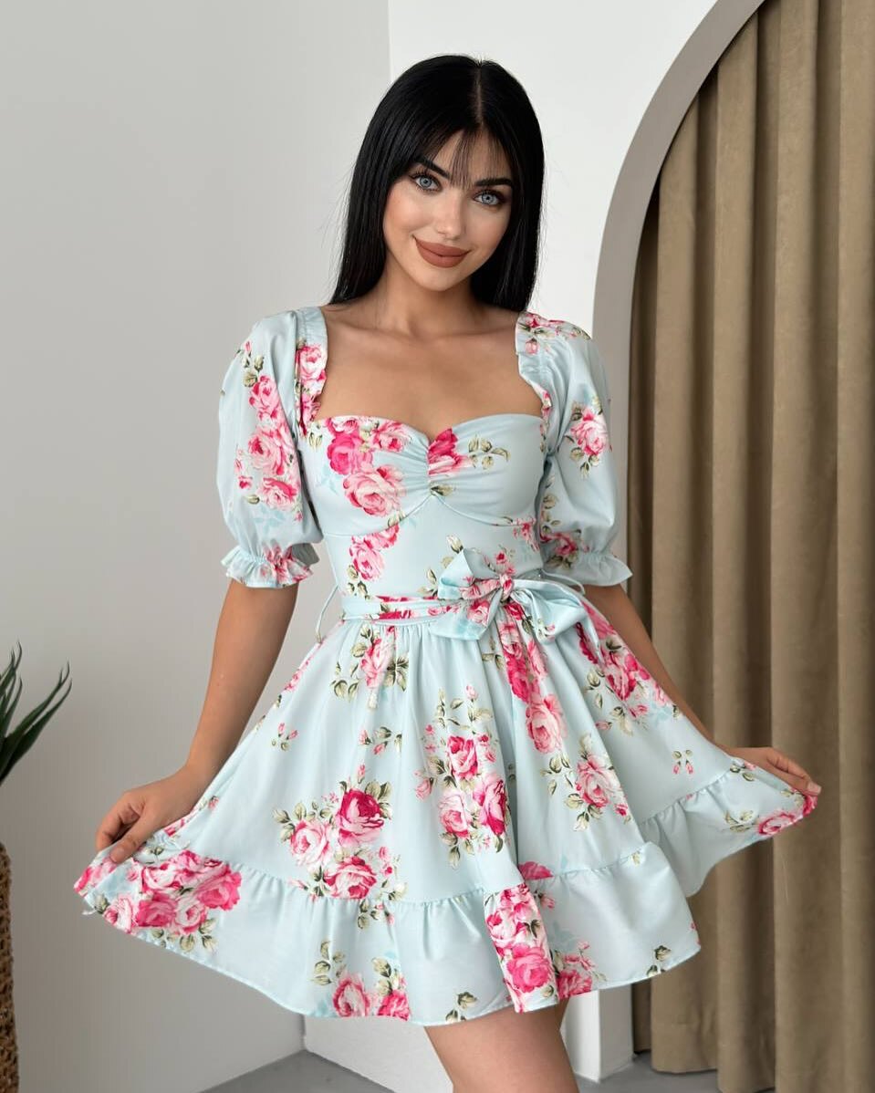 Damen Kleid Mit Blumenmuster Und Kurzen Puffärmeln