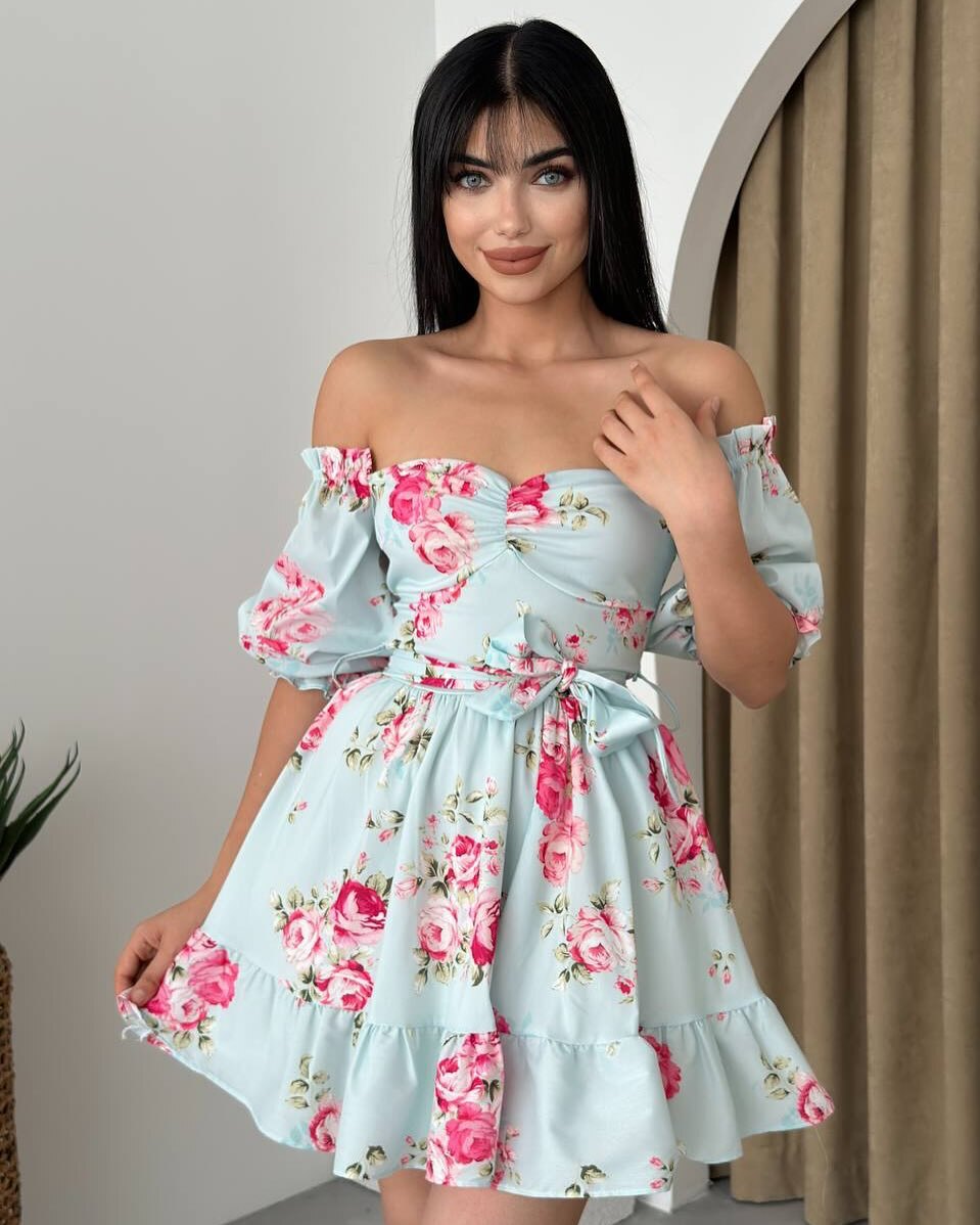 Damen Kleid Mit Blumenmuster Und Kurzen Puffärmeln