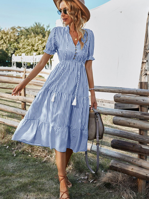 Damen gestreiftes Midikleid mit V-Ausschnitt und Quasten