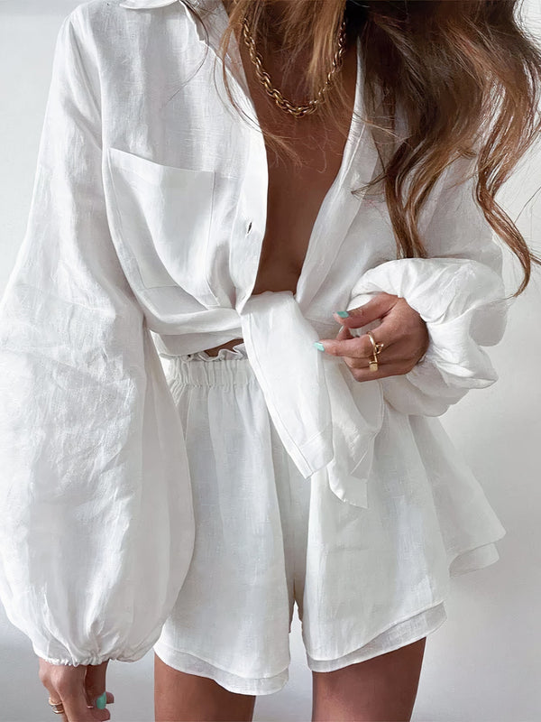 Damen Leinen-Set mit Langarmshirt und Shorts