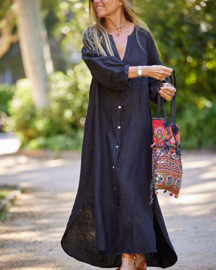 Maxikleid aus Leinen mit langen Ärmeln für Damen