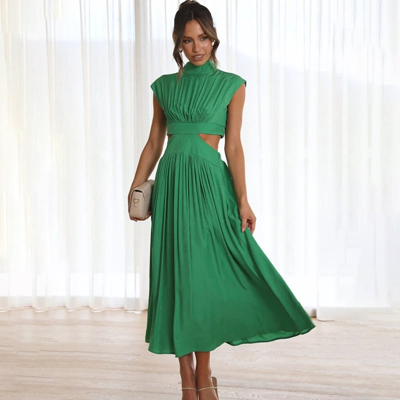 Midi-Längen-Kleid für Damen mit Stehkragen und Ausschnitten