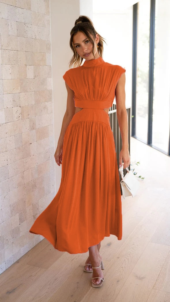 Midi-Längen-Kleid für Damen mit Stehkragen und Ausschnitten