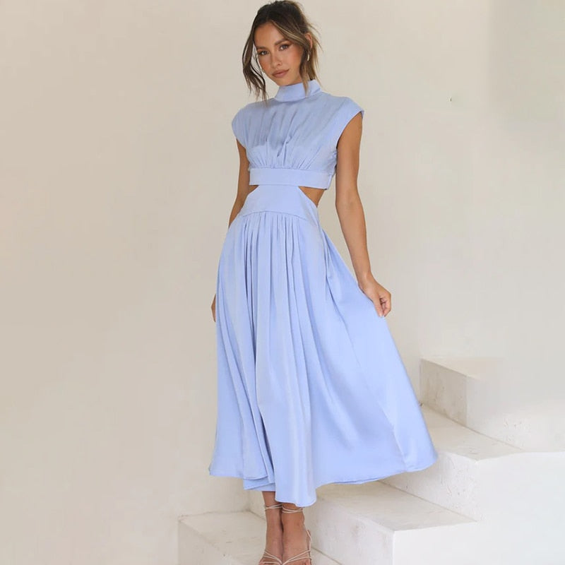 Midi-Längen-Kleid für Damen mit Stehkragen und Ausschnitten