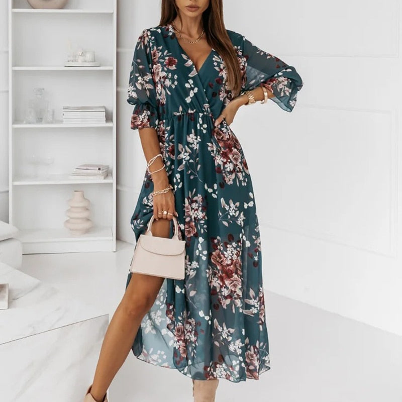 Damen Midikleid mit V-Ausschnitt und Schlitz