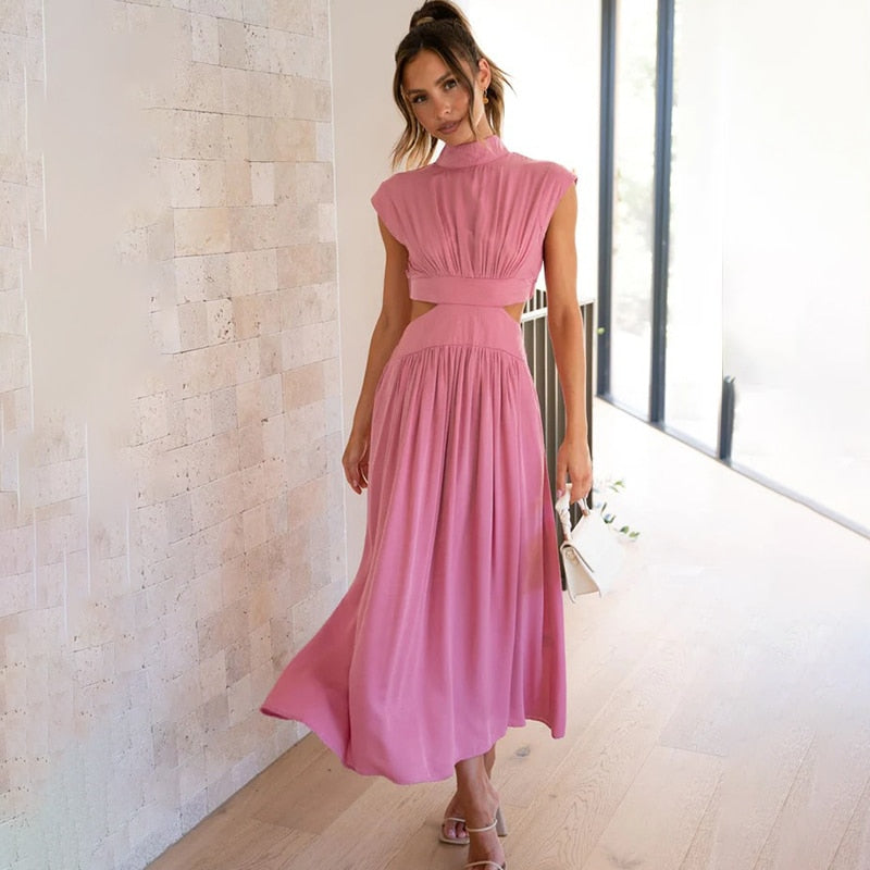 Midi-Längen-Kleid für Damen mit Stehkragen und Ausschnitten