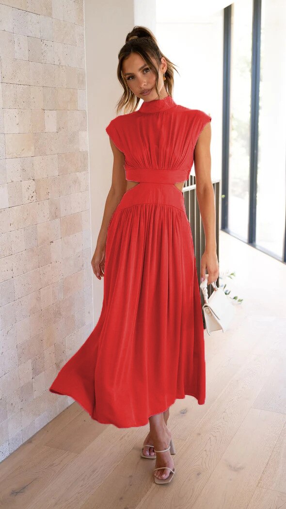 Midi-Längen-Kleid für Damen mit Stehkragen und Ausschnitten