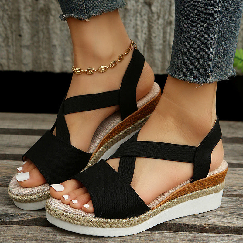 Damen Keilsandalen mit Kreuzriemen und Knöchelriemen