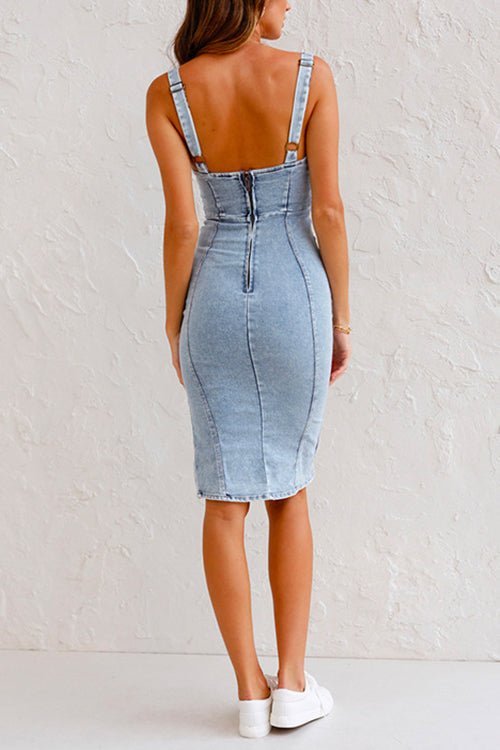 Denim-Midikleid für Damen mit Reißverschluss und Seitenschlitz