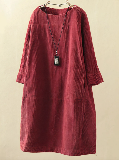 Damen Cord-Midikleid mit Bateau-Ausschnitt und Taschen