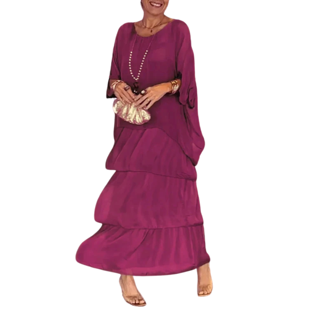 Damen-Maxikleid mit Stufen und Rundhalsausschnitt