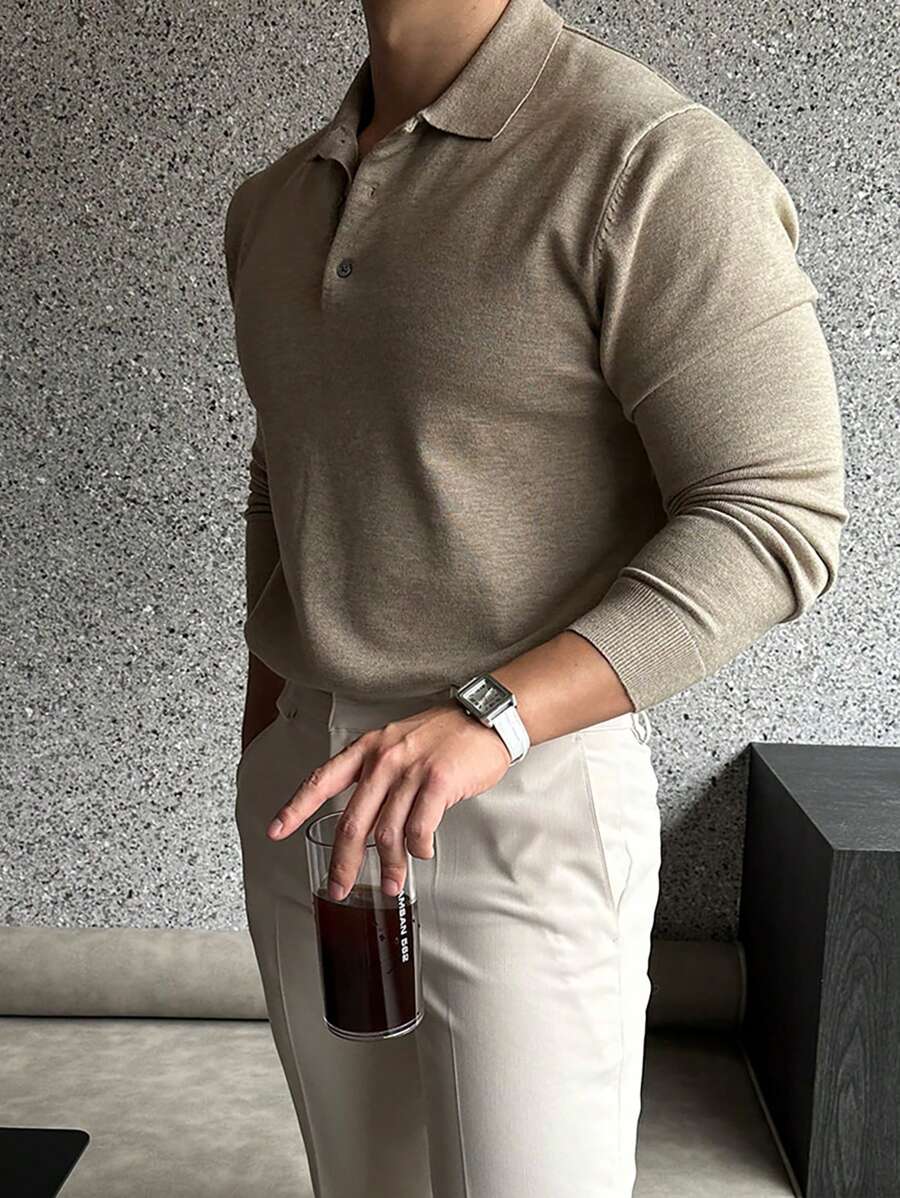 Langärmeliges gestricktes Poloshirt für Männer