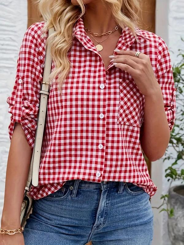 Damen Karobluse mit Knopfleiste und Brusttasche