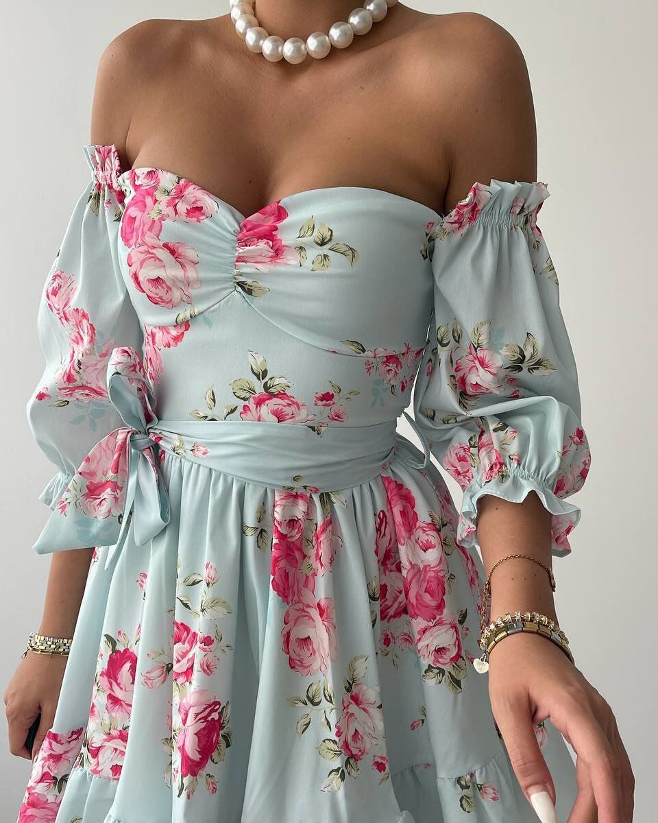 Damen Kleid Mit Blumenmuster Und Kurzen Puffärmeln