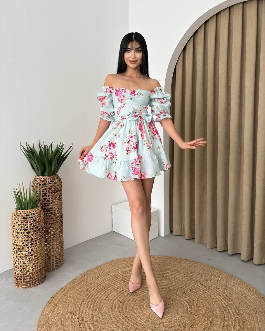 Damen Kleid Mit Blumenmuster Und Kurzen Puffärmeln