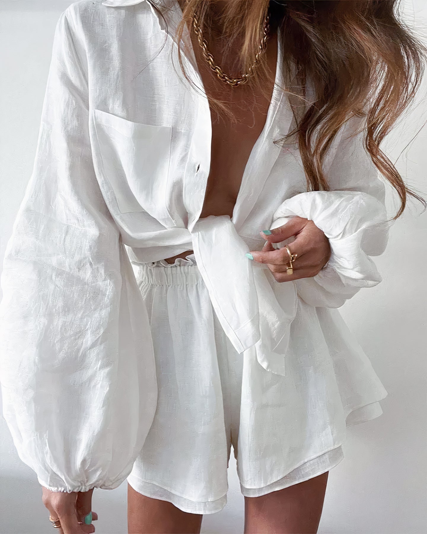 Damen Leinen-Set mit Langarmshirt und Shorts