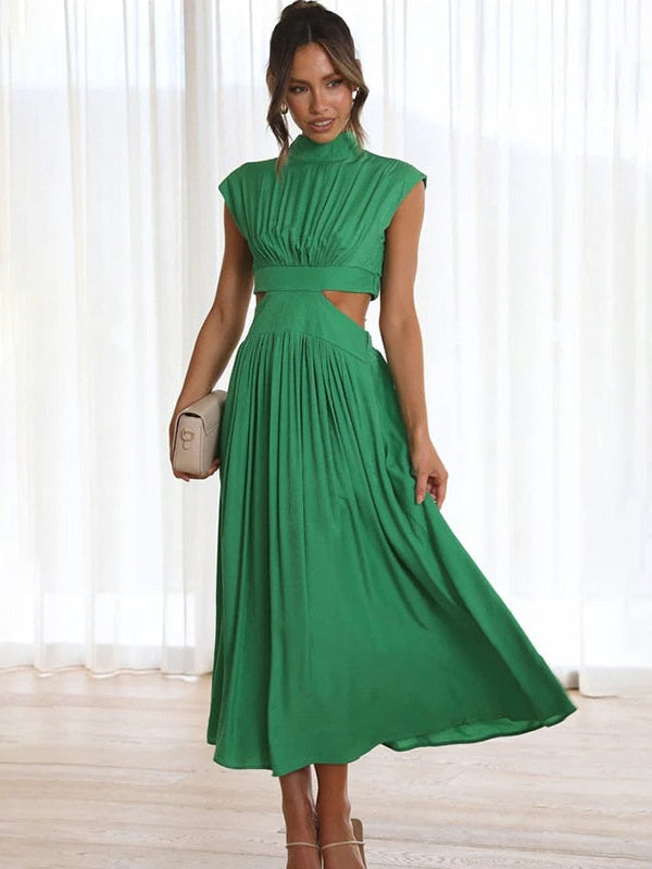 Midi-Längen-Kleid für Damen mit Stehkragen und Ausschnitten