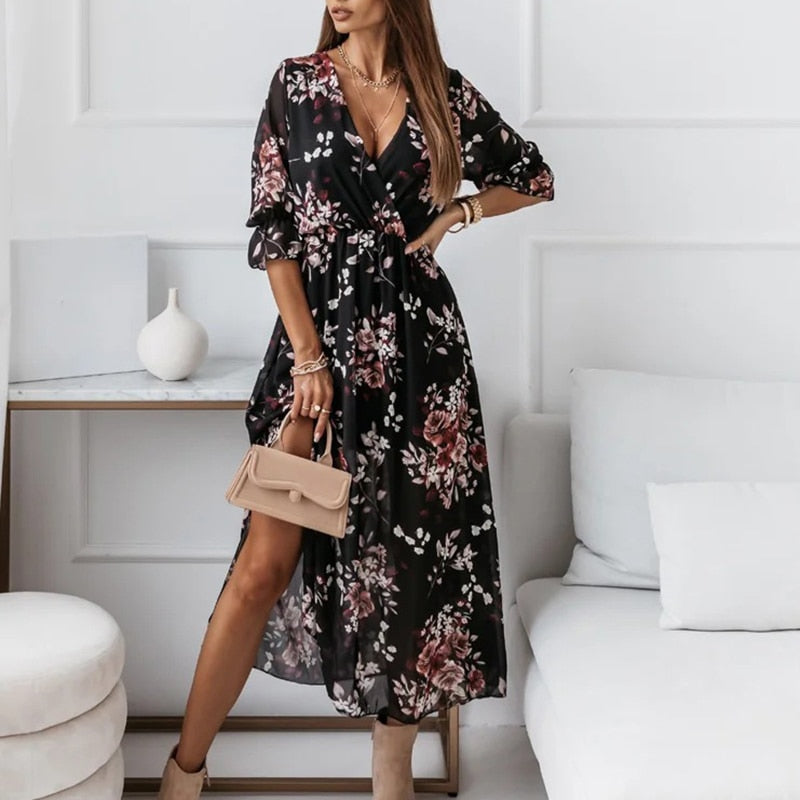 Damen Midikleid mit V-Ausschnitt und Schlitz