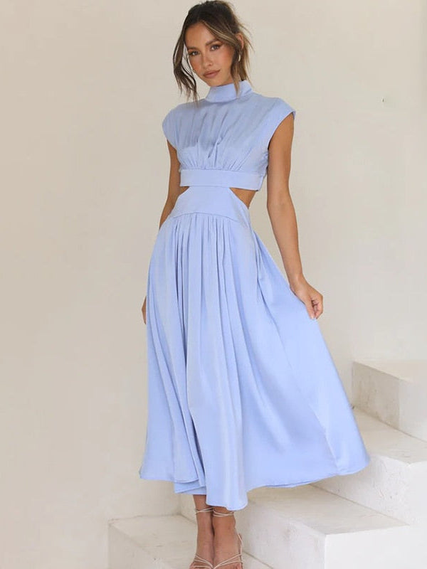 Midi-Längen-Kleid für Damen mit Stehkragen und Ausschnitten