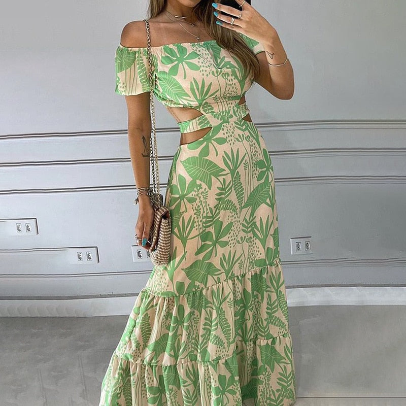 Bedrucktes Maxikleid mit schulterfreiem Design für Damen