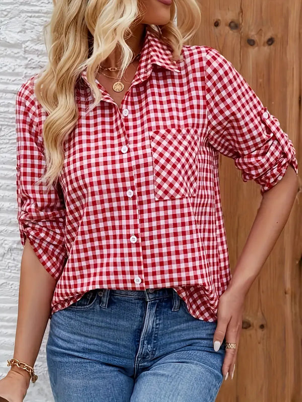 Damen Karobluse mit Knopfleiste und Brusttasche