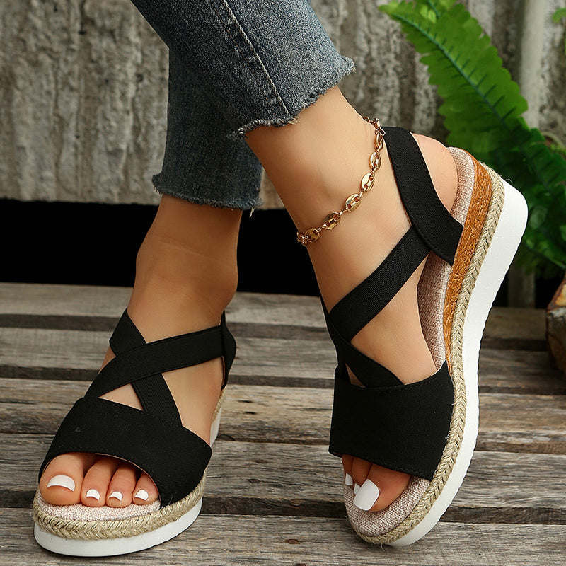 Damen Keilsandalen mit Kreuzriemen und Knöchelriemen
